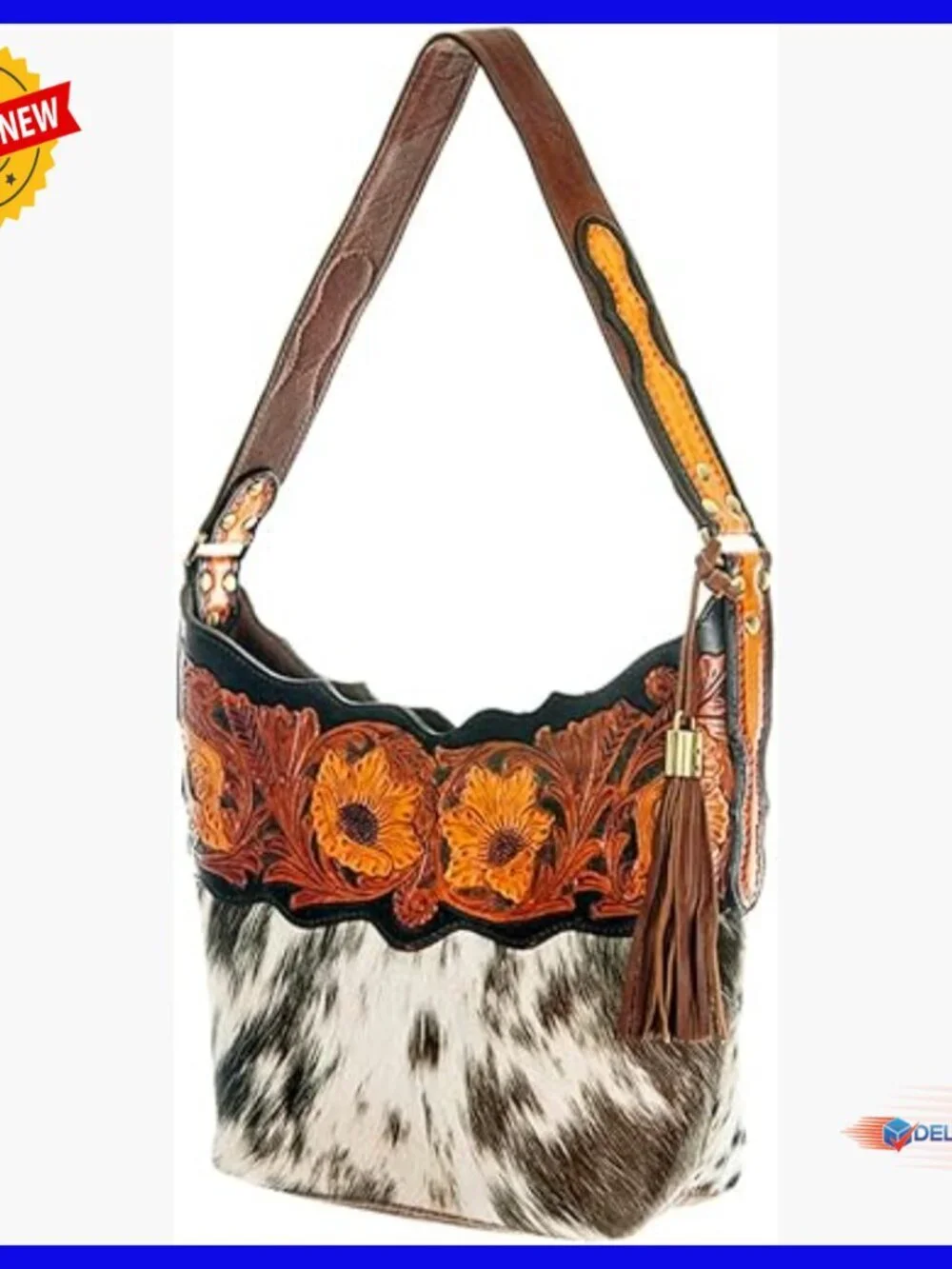 Genuine Leather Hobo Bag with Western Tooling, Fringe Strap, 16x16x4